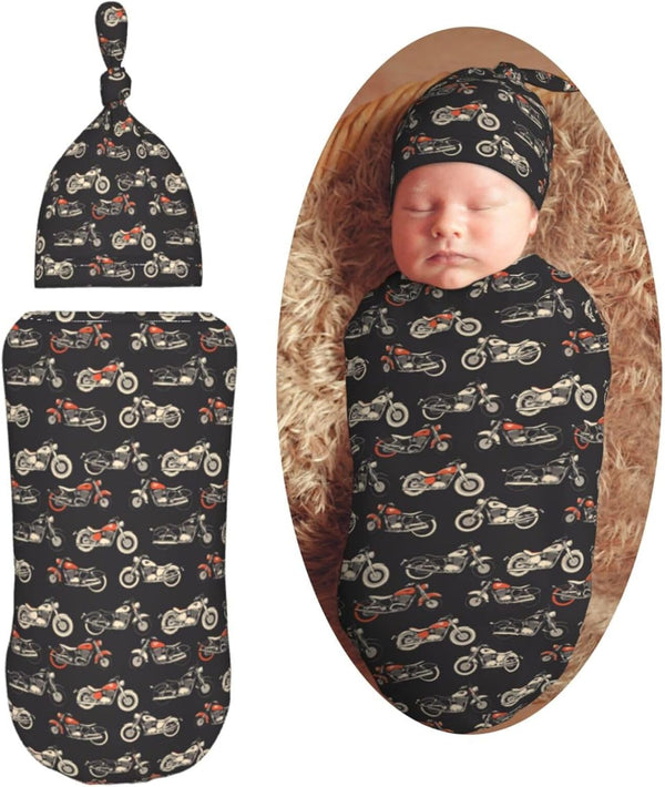 Motorcycles On Black Background Newborn Swaddle Blankets Hat Sets Soft Baby Receiving