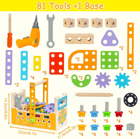 Set 91PCS 3 4 5 (91Pcs) Wooden Kids Tool with Electric Screwdrivers, Educational STEM Construction Toys, Wooden Tool