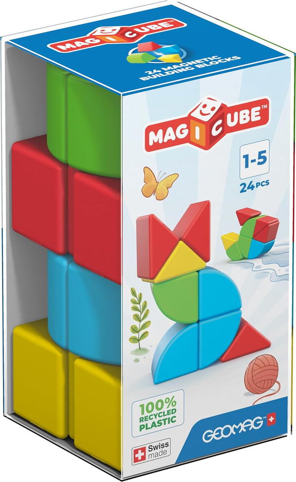Geomag MagiCube 24-pc Magnetic Blocks Set for Kids Ages 1-5 | Swiss-Made Educational Toy from 100% Recycled Plastic