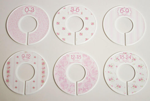 C102 Baby Girl Nursery Closet Clothing Size Dividers, Pink Roses, Set of 6 (1.25 Inch Rod)
