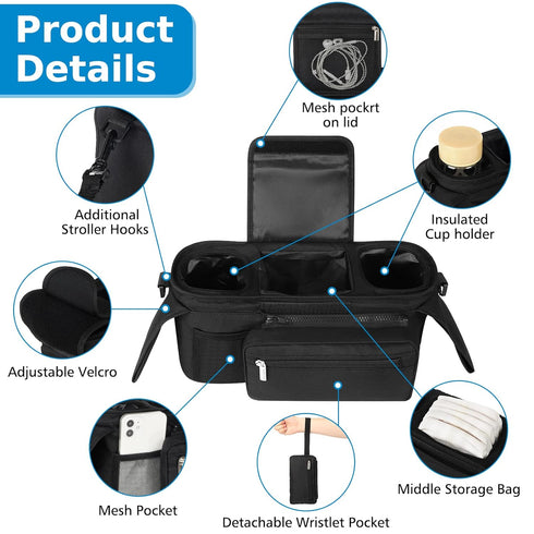 Accmor Universal Stroller Organizer with Insulated Cup Holder, Detachable Phone Bag & Shoulder Strap, Fits Uppababy,