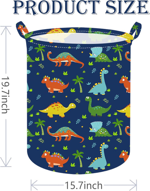 19.7 Inch Dinosaur Round Kids Laundry Hamper, Dino Laundry Basket with Handles, Baby Toys Storage Organizer for Boys &