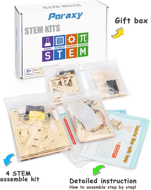 Poraxy 4 in 1 STEM Kits for Kids Age 8-10, Science Projects, 3D Puzzles, Educational Craft Building Toys