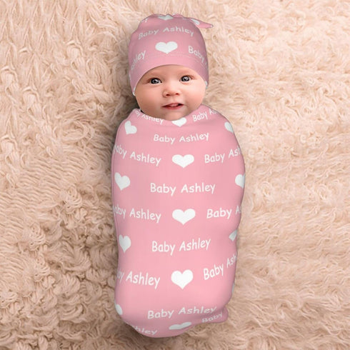 Set Personalized Baby Blanket Custom Swaddle and Hat with Name for Girl Boy Customized Newborn Infant Toddler Blanket