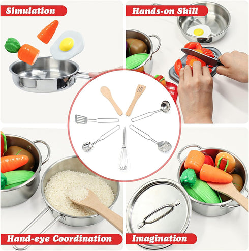 Kids Kitchen Pretend Play Accessories Set, 32 Items Stainless Steel Pots and Pans with Rack Organizer, Cooking Utensils