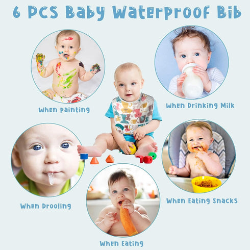 6 Pcs Baby Feeding Bibs Toddler Waterproof Bib Set with Crumb Catcher Pocket for 6-12 Months