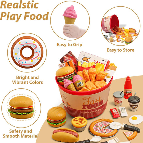 80 3 4 5, Set Pcs Pretend Play Food Toy for Kids Kitchen Aged Fast Food with Storage Bucket, Pizza, Burger, Ice Cream