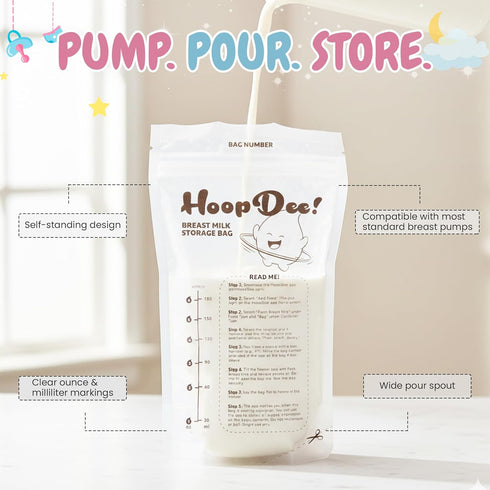 HoopDee Breast Milk Storage Bags Freezer Safe & Leak Proof BPA-Free Breastmilk Bags for Pumping & Storing