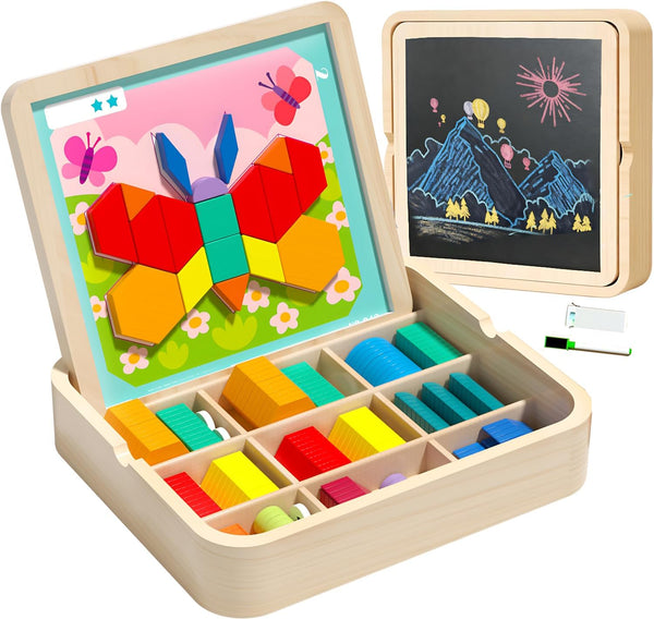 248 Pcs Wooden Magnetic Pattern Block Set with Cards, Pen & Storage