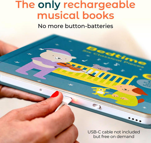 1-3, 6 Cali's Books Bedtime Musical Book for Babies and Toddlers USB-C Rechargeable, Headphone Jack, Classical