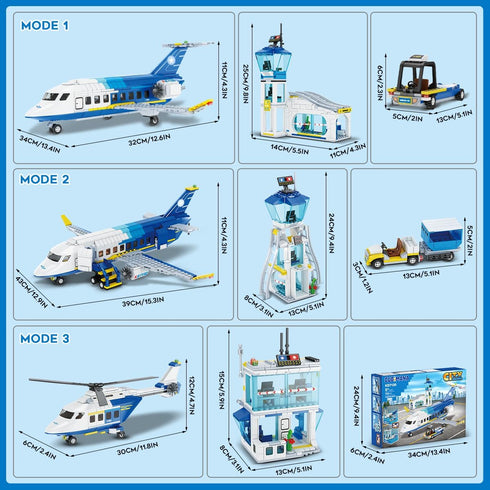 City Passenger Airplane Building Set, 711 PCS 3 IN 1 Plane Blocks Kit with Airport Terminal, Radar Tower, Luggage Truck