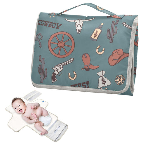 Cowboy Teal Blue Portable Changing Pads, Wild West Toddler Changing Mat Station Pad for Infants, Reusable Diaper