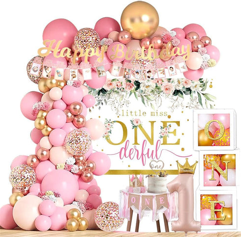 Generic Baby Girl 1st Birthday Decorations Supplies - Balloon Boxes, Pink Gold Balloons