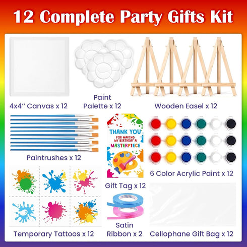 12 Pack BOIKOKY DIY Mini Canvas Painting Party Favor Bags - Includes Easel, Acrylic Paint, Splash Tattoos, Brushes