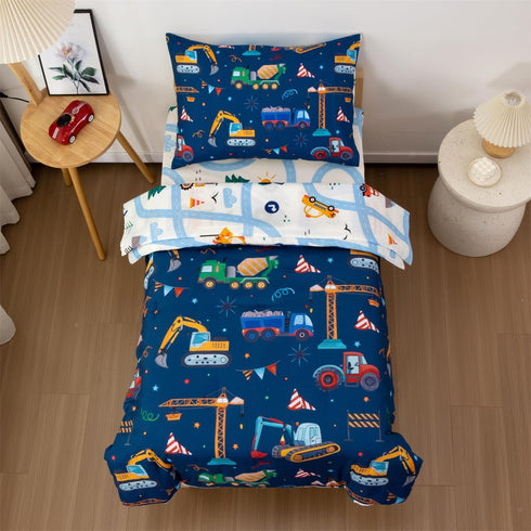 4 Set NTBED Pieces Construction Truck Toddler Bedding for Baby Boys, Flags Vehicles Excavator Cars Printed, Includes