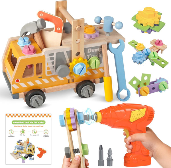 Rincalivestra Kids Tool Set - 40 Pcs Wooden Toddler Tool Bench with Drill,