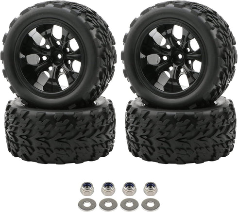 4x 1:10 RC Monster Truck Car Wheels Rubber RC Tires with 7 Spokes Wheel Rim Black RC Parts by Rowiz