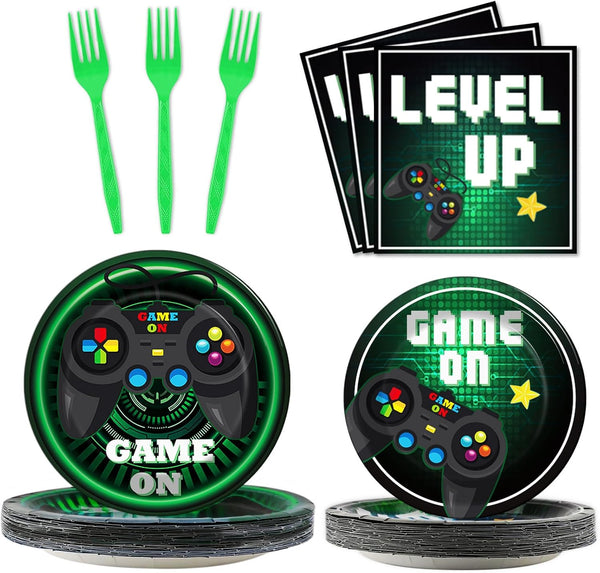 96 Pcs Video Game Plates and Napkins Party Supplies, Gaming Party Tableware Set for Kids Birthday