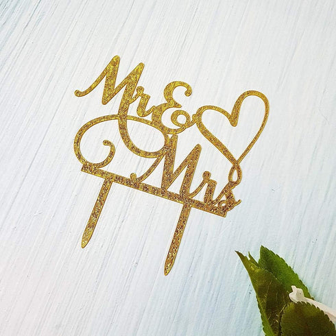 Mr and Mrs Cake Topper, Bride and Groom Wedding/Engagement Decoration, Gold Glitter Acrylic Sign