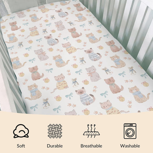 Cstdyfrv 52''x28'' Cute Cats Mouse Baby Boys Girls Crib Sheets Pastel Kittens Paws Bows Bells Toddler Bed Sheets Cats
