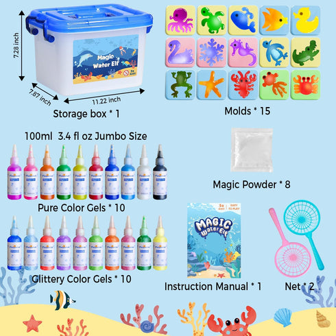 20 100ml Famliy Set 15 MINISENTIALS Magic Water Elf Toy Kit - Colors Aqua Art Gel Jumbo Size - Sea Creature Molds Magic