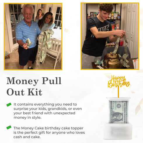 Money Cake Pull Out Kit Includes 1 Money Box, 1 Plastic Roll, 50 Transparent Bags, and Happy Birthday Cake Topper