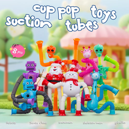 8Pack Kids(8 Pack Pop Tubes Robot Fidget Toys , Skeleton Fidget Pop Toys Telescopic Suction Cup Toy for Stress