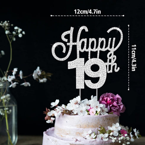 LINGTEER Happy 19th Birthday Silver Rhinestone Cake Topper, Cheers to 19th Birthday Party Decorations