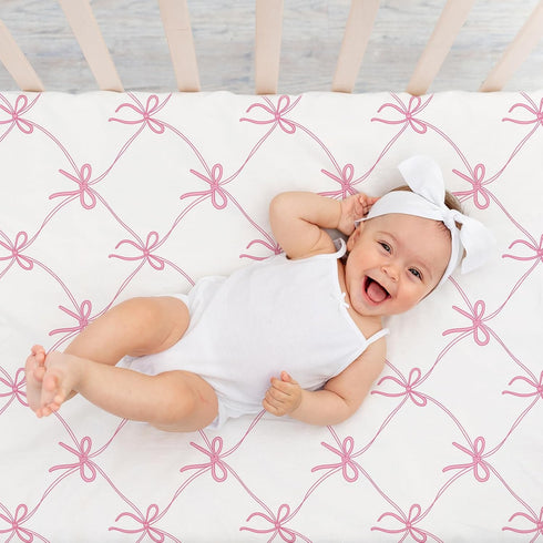 4 Pack 52'' 28'' Set CroBlissful Coquette Pink Bows Baby Crib Fitted Sheet x Pink Bows Fitted Crib Mattress Sheet