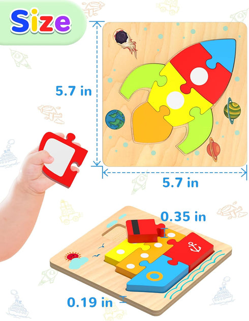 Wooden Toddler Puzzles for 1-3 Years Old, 6 Vehicle Shape Montessori Educational Blocks for Kids Gifts