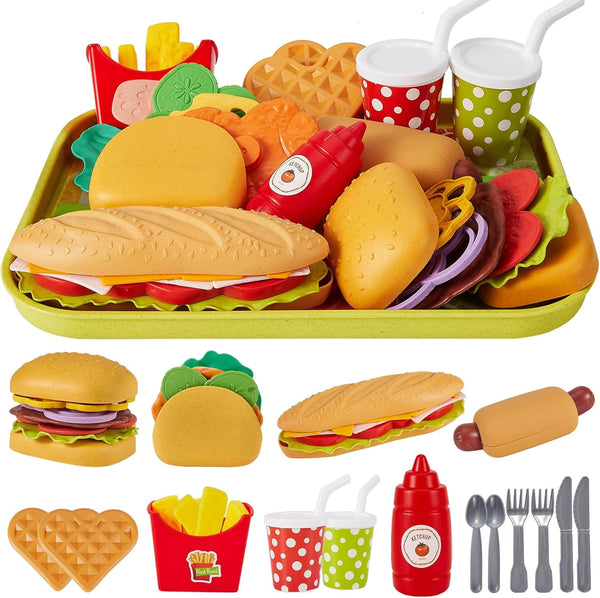 BUYGER Fast Food Play Food Toys for Kids, Toddler Kitchen Accessories Playset, Plastic Toy Food Sets for Pretend Play