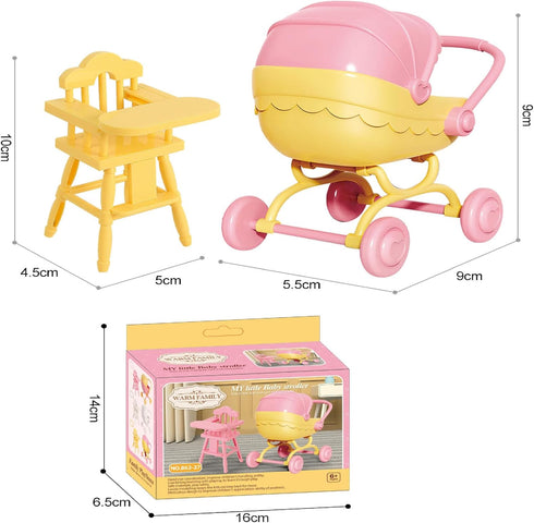 Pemalin Set, Mini Dollhouse Furniture Baby Stroller and High Chair, Pink and Yellow Miniature Accessories, Kids Pretend
