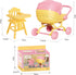 Pemalin Set, Mini Dollhouse Furniture Baby Stroller and High Chair, Pink and Yellow Miniature Accessories, Kids Pretend