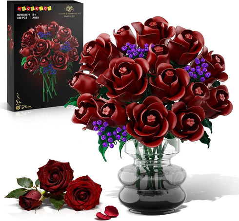 HOGOKIDS Flowers Bouquet Building Set - 15 Burgundy Roses Mother's Day Gfit