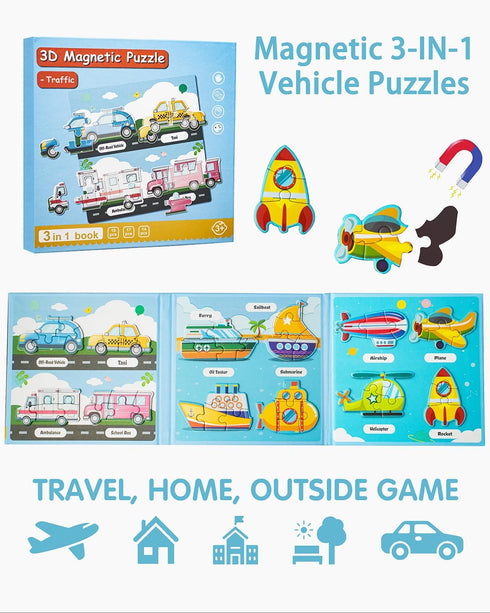 Magnetic Puzzles for Toddlers 1-3, Travel Puzzles Games for Kids Ages 1 2 3 4 5, Traffic Car Activities Toy Jigsaw Puzzles Book for Boys & Girls 3-5 2-4, Learning Magnet Gift for Road Trip (Vehicle)