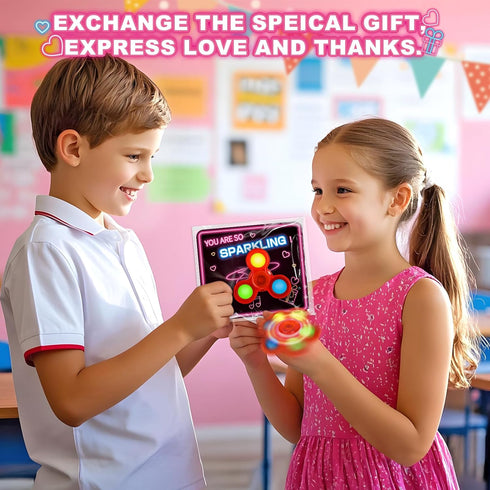 24 Pack Shemira Valentines Day Cards for Kids School Classroom Exchange, Valentines Cards with Light Up Fidget Spinners