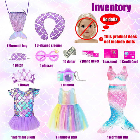 18 inch Set Mermaid Doll Clothes and Doll Accessories Case Luggage Travel Play Include Suitcase, Dresses, Bag, Camera