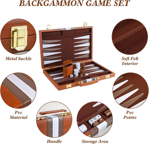 Backgammon Set for 2 Players, Classic Portable Board Game with PU Leather Case (Brown, 15inch)