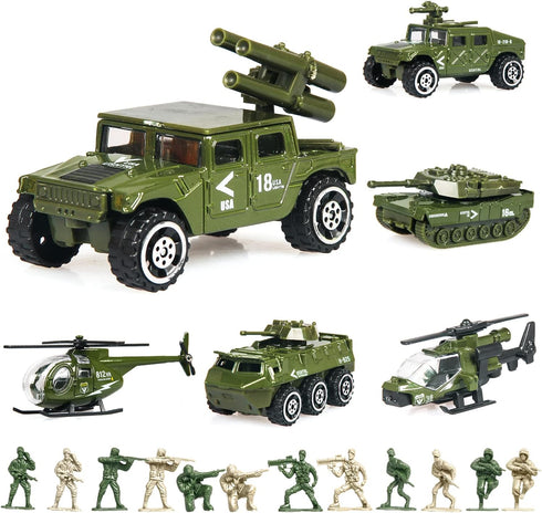 18 Pack Die-cast Military Vehicles Sets, 6 Pack Assorted Alloy Metal Models and 12 Pack Soldier Army Men