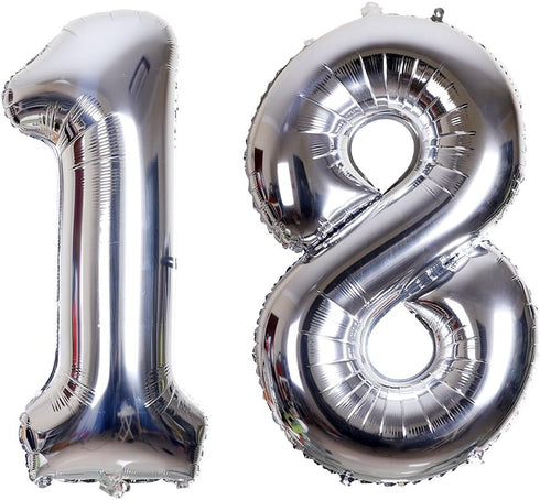 40 Inch Jumbo Number 18 Balloon | Birthday Party Celebration Decoration Foil Helium Balloons, Silver