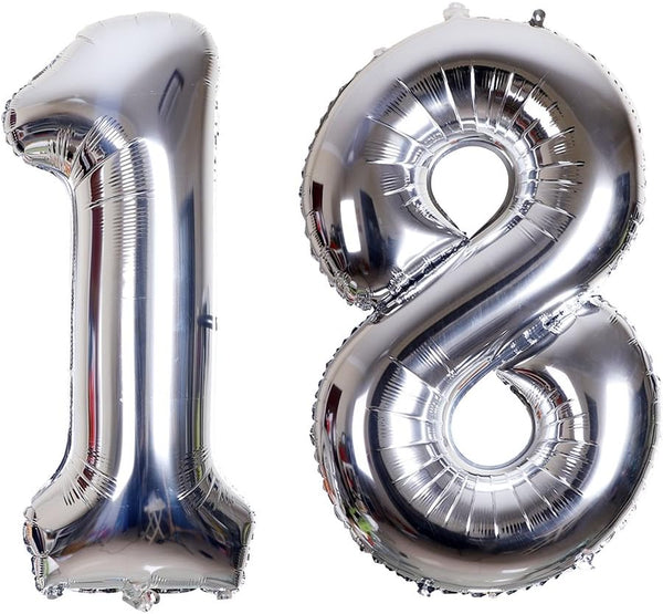 40 Inch Jumbo Number 18 Balloon | Birthday Party Celebration Decoration Foil Helium Balloons, Silver