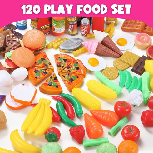 120 Set Piece Deluxe Pretend Play Food Toy Tasty Treats Plastic Cooking and Grocery Shopping Assortment