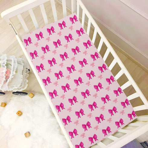 SDMKA 27x39 Inch Pink Bows Crib Sheets for Boys Girls - Portable Microfiber Fitted Crib Sheet for Playard and Mini Crib
