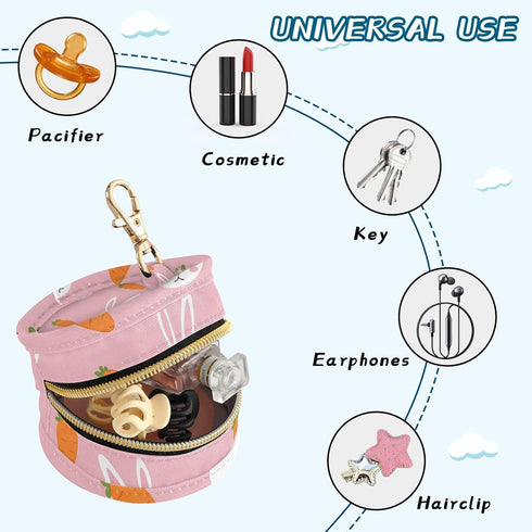 Rabbit Round Pacifier Storage Case with Zipper, Portable Pacifier Case for Travel, Diaper Bag & Purse, Pacifier