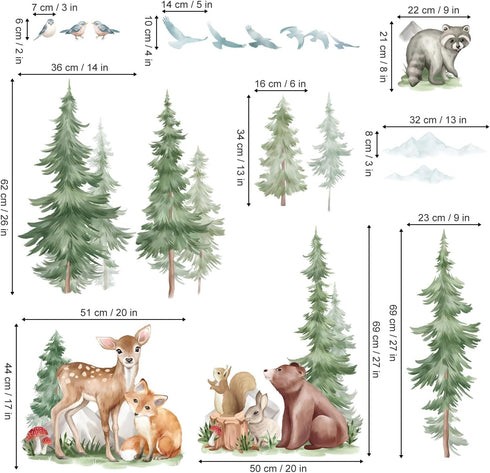 wondever Mountain Tree Wall Stickers Large Pine Tree Forest Animal Bear Fox Peel and Stick Wall Art Decals for Kids