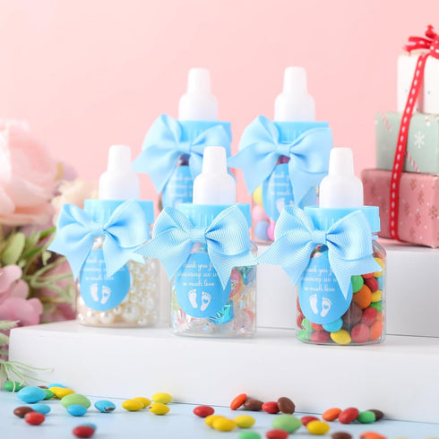 48 Sets 3.5 Inch Teenyyou Blue Mini Baby Bottles for Baby Shower Party Favor Game Plastic Milk Bottles with Thank You