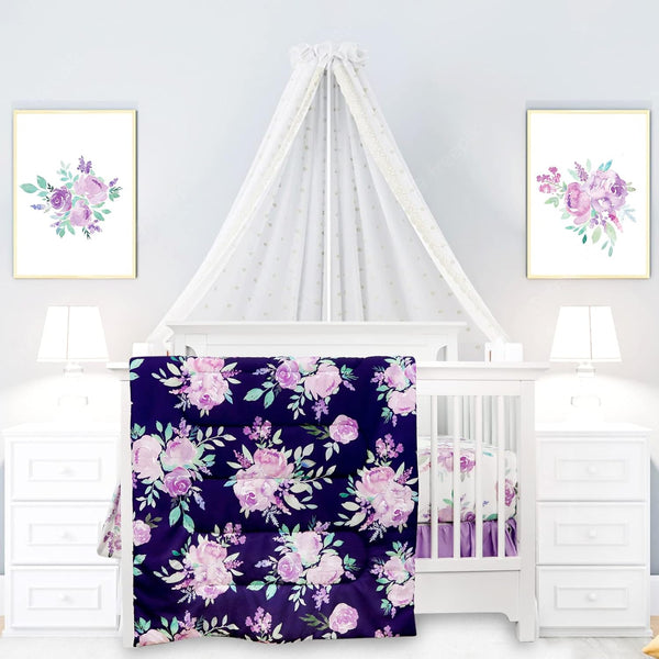 TANOFAR 4 Piece Crib Bedding Set for Girls, Purple Flower Quilt, Crib
