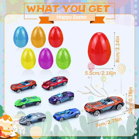 12Pack OCHIDO Easter Eggs Filled with Die-Cast Cars, Prefilled Easter Eggs with Toys Inside for Kids Easter Basket