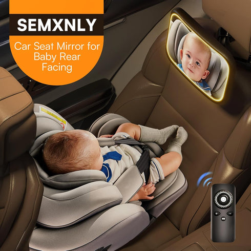 Baby Car Mirror with Light, Rechargeable Rear Facing Mirror with Remote Control, 360° Rotation, Clear Vision
