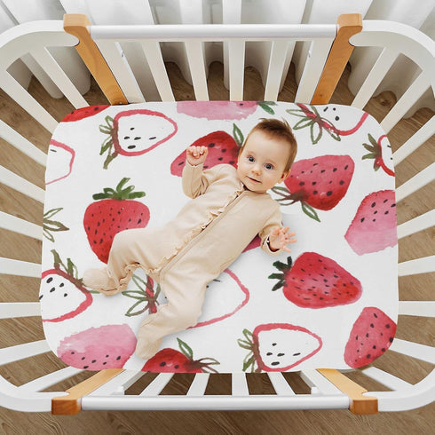 Watercolor Strawberries Fitted Crib Sheet, Soft Microfiber Baby Sheets for Standard Crib Toddler Mattress Cover 27" x